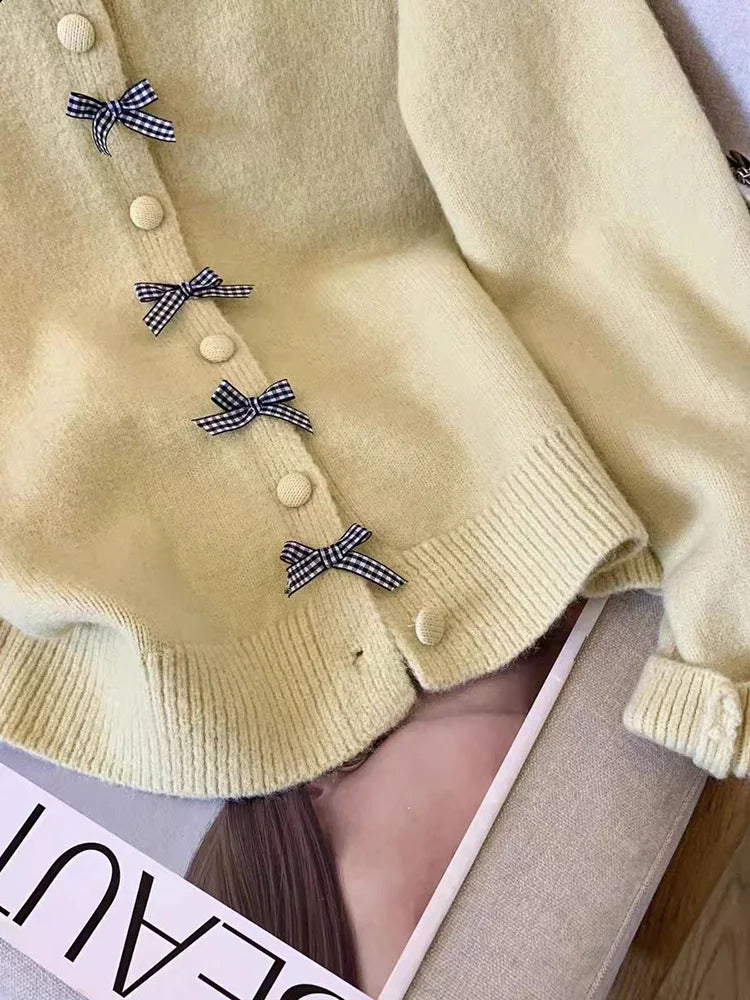 Bxoxo Cute Bow Women Cardigan Long Sleeve Lazy Wind Sweet Knitted Sweater Casual Loose Preppy Style Vintage Lady O Neck Fall Tops