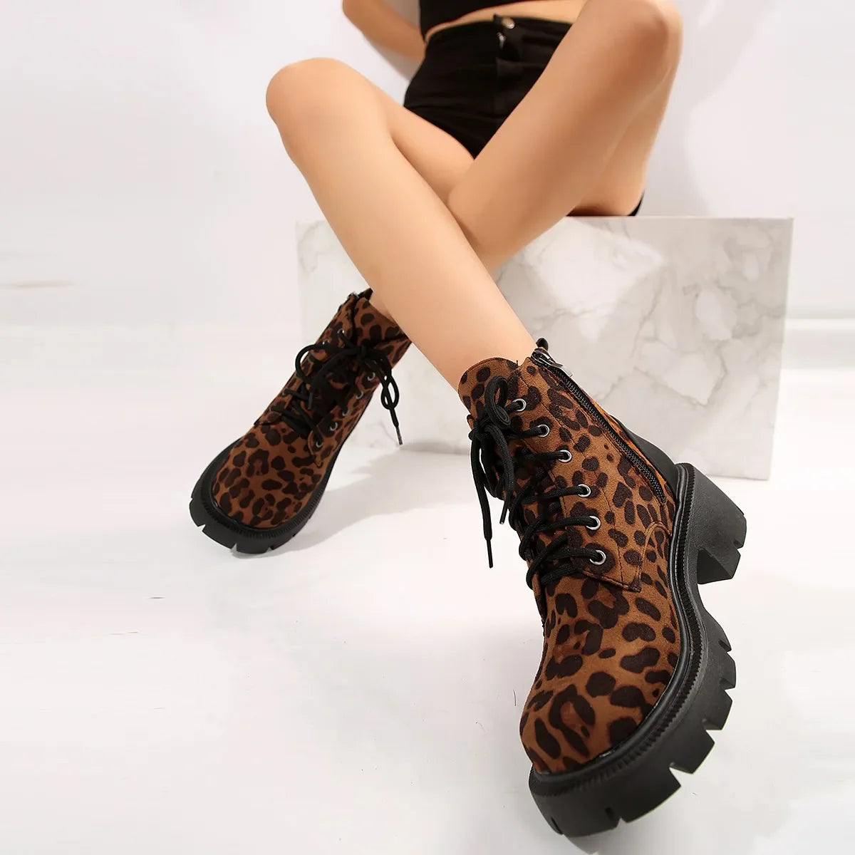 BXOXO Sexy Leopard Ankle Boots for Women Autumn Winter Low Square Heels Plus Size 43 Short Booties Shoes Woman Motorcycle Boots
