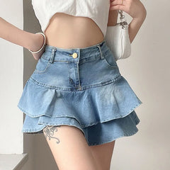 BXOXO Vintage Denim Skirt Shorts Women Summer Korean Fashion High Waist A-line Slim Cute Sexy Mini Jean Ruffle Skirt Female