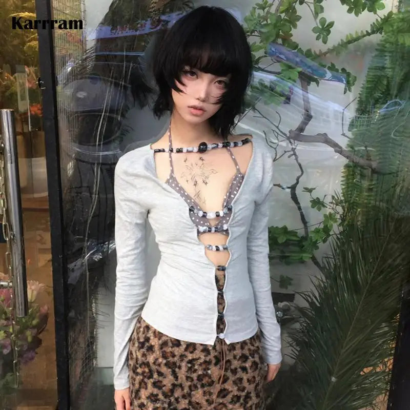 BXOXO Japanese Y2k Hollow Out T-shirt 2000s Aesthetics Long Sleeve Beaded Tops Vintage Harajuku Sexy Streetwear American Retro
