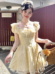 BXOXO Sweet Sexy Slim Yellow Dress Women Fashion Lace Patchwork Cute Mini Dress Chic Square Collar Puffy Sleeve Elegant Vestidos