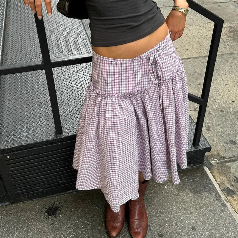 BXOXO Chic Ruffles Hem Coquette A-line Skirts Gingham Midi Skirt Vintage Tie-Up Low Waist Tiered Loose Skirt Y2k Streetwear