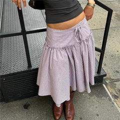 BXOXO Chic Ruffles Hem Coquette A-line Skirts Gingham Midi Skirt Vintage Tie-Up Low Waist Tiered Loose Skirt Y2k Streetwear