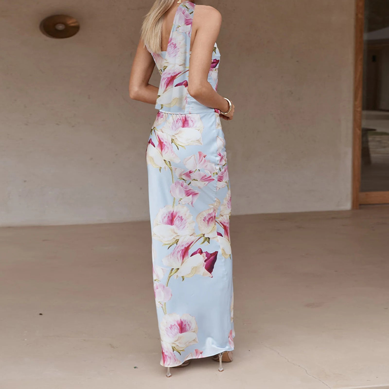 BXOXO Women Long Dress Floral Print Tube Dress Summer Fashion Backless Casual Strapless Dress with Choker Scarf