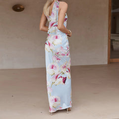 BXOXO Women Long Dress Floral Print Tube Dress Summer Fashion Backless Casual Strapless Dress with Choker Scarf