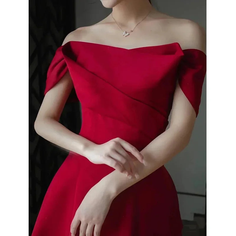 BXOXO prom dresses 2025 Customized Red Satin Wedding Dress Women Boat Neck Off The Shoulder Pleated Evening Dresses Elegant Simple Sleeveless A-Line