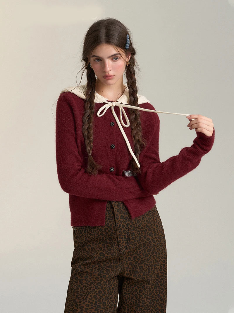 Bxoxo Vintage Streetwear Hooded Cardigan Women Long Sleeve Hollow Out Patchwork Knitted Sweaters American Retro Lace Up Lace Tops
