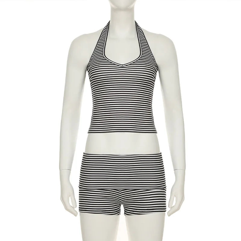BXOXO Women 2-Piece Summer Outfits Striped Print Backless Halter Neck Tops and Elastic Shorts Club Streetwear Fashion Clothes