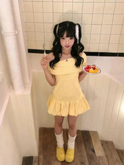 Bxoxo Sweet Elegant Bodycon Mini Dresses Women Off Shoulder Korean Style Butter Yellow Plaid Ruffles Dresses Y2k Harajuku