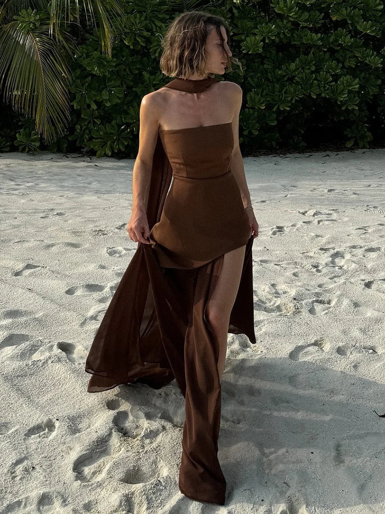 BXOXO  Elegant Strapless Sexy Maxi Dress For Women Gown With Scarf Off-shoulder Sleeveless Backless Split Beach Long Dress