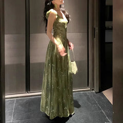 Bxoxo Gentle Green French Style Strapless Chiffon Dress with Fly Sleeve Holiday Floral Long Skirt for Women Empire Waist Design