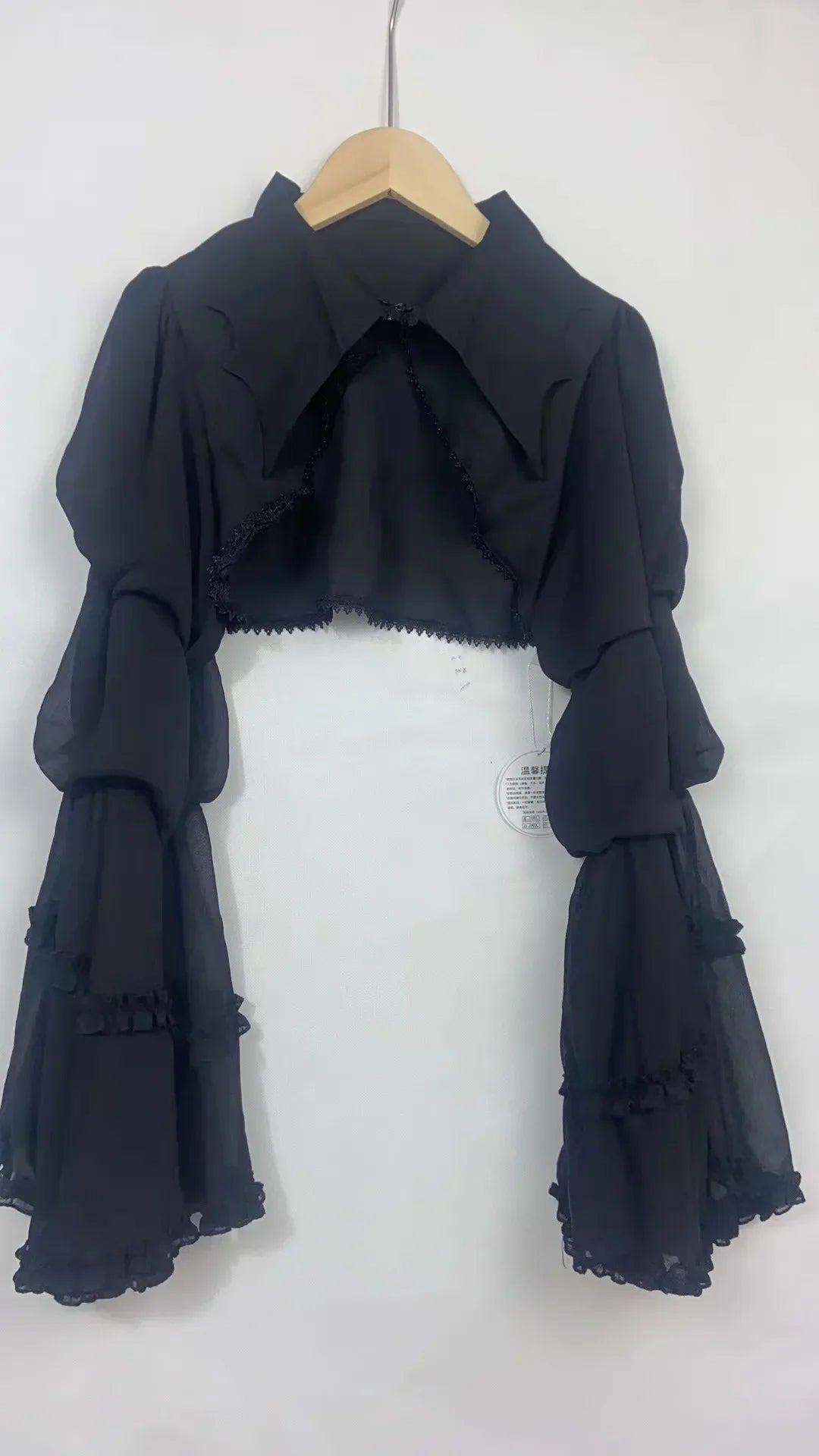 BXOXO Gothic Lolita Cardigan Blouse Women Loose Puff Sleeve Lace Patchwork Black Cropped Shirts Japanese Harajuku All Match Capes Top