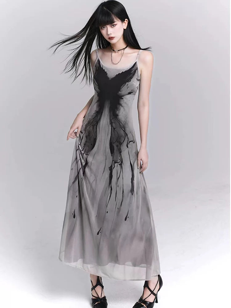 Bxoxo Retro Ink Butterfly Tie Dye Camis Dress Women Summer Slim Sleeveless Midi Dress Y2K Korean Sweet Mesh Spaghetti Straps Vestidos