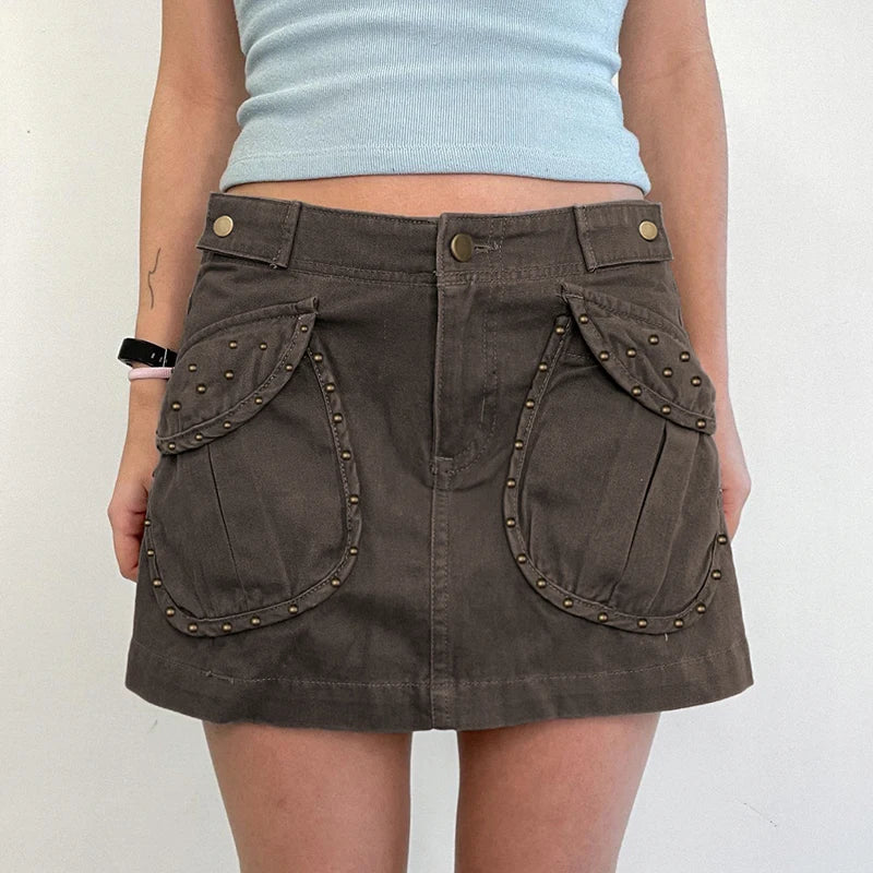 BXOXO Grunge Harajuku Cargo Mini Skirts Vintage Streetwear Denim Skirts Women A-line Low Waist Pocket Patch Clothes y2k 90S