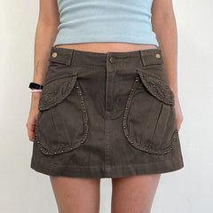 BXOXO Grunge Harajuku Cargo Mini Skirts Vintage Streetwear Denim Skirts Women A-line Low Waist Pocket Patch Clothes y2k 90S