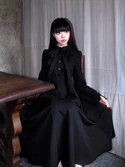 Bxoxo Y2K Gothic Black Midi Dress Women Autumn Japanese Hepburn Style Lace Up Slim Dress Female All-Match Bow Dark Academic Vestidos
