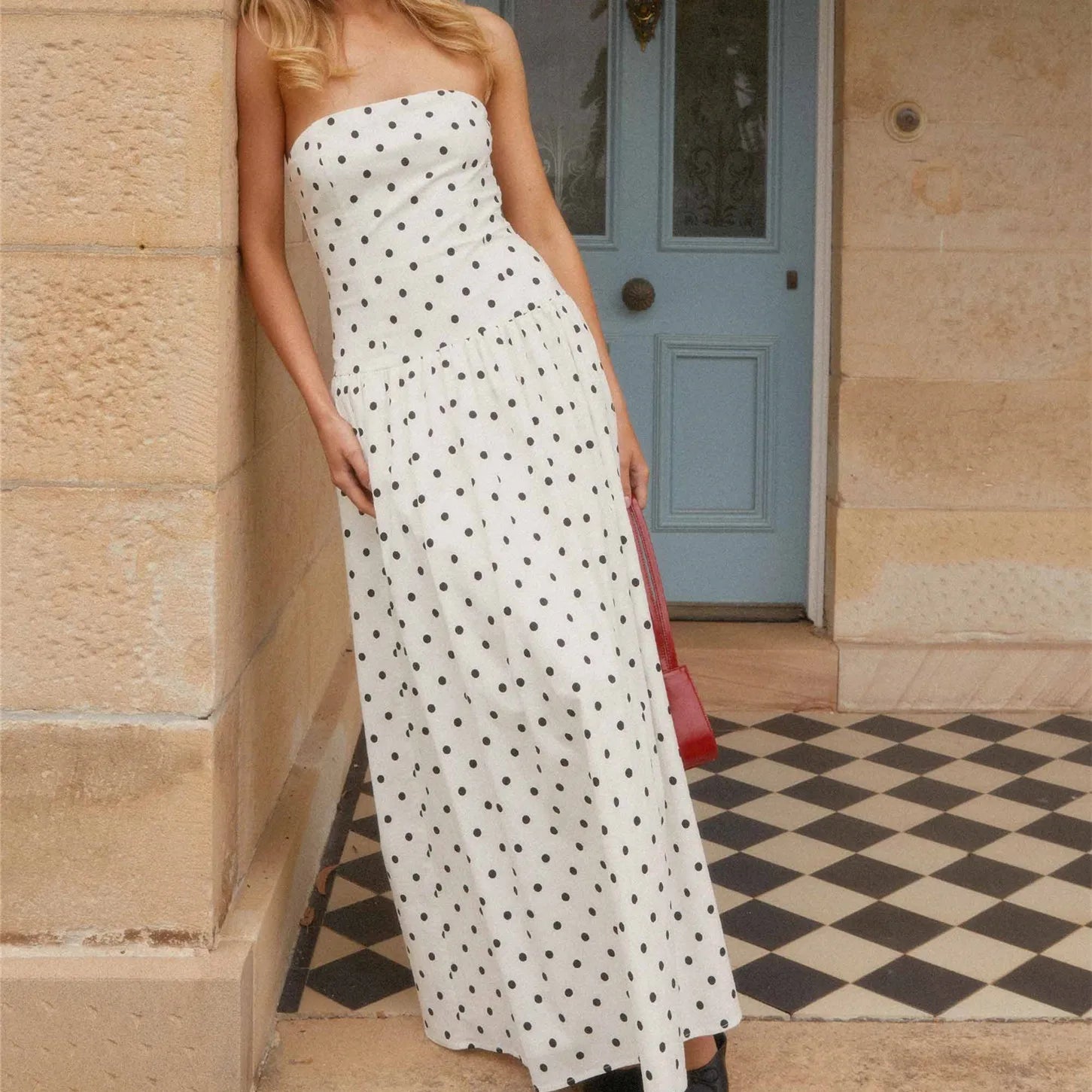 BXOXO Women's Strapless Dress Stylish Dot Print/Floral Print Sleeveless Tube Long Dress for Summer Holiday Party Clubwear