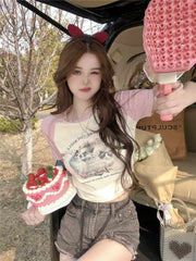 BXOXO American Vintage Slim Fit T-shirts 2025 Summer New Short Sleeve Tee Shirt Y2k E-Girl O-neck Cat Print Bottoming Tops Women