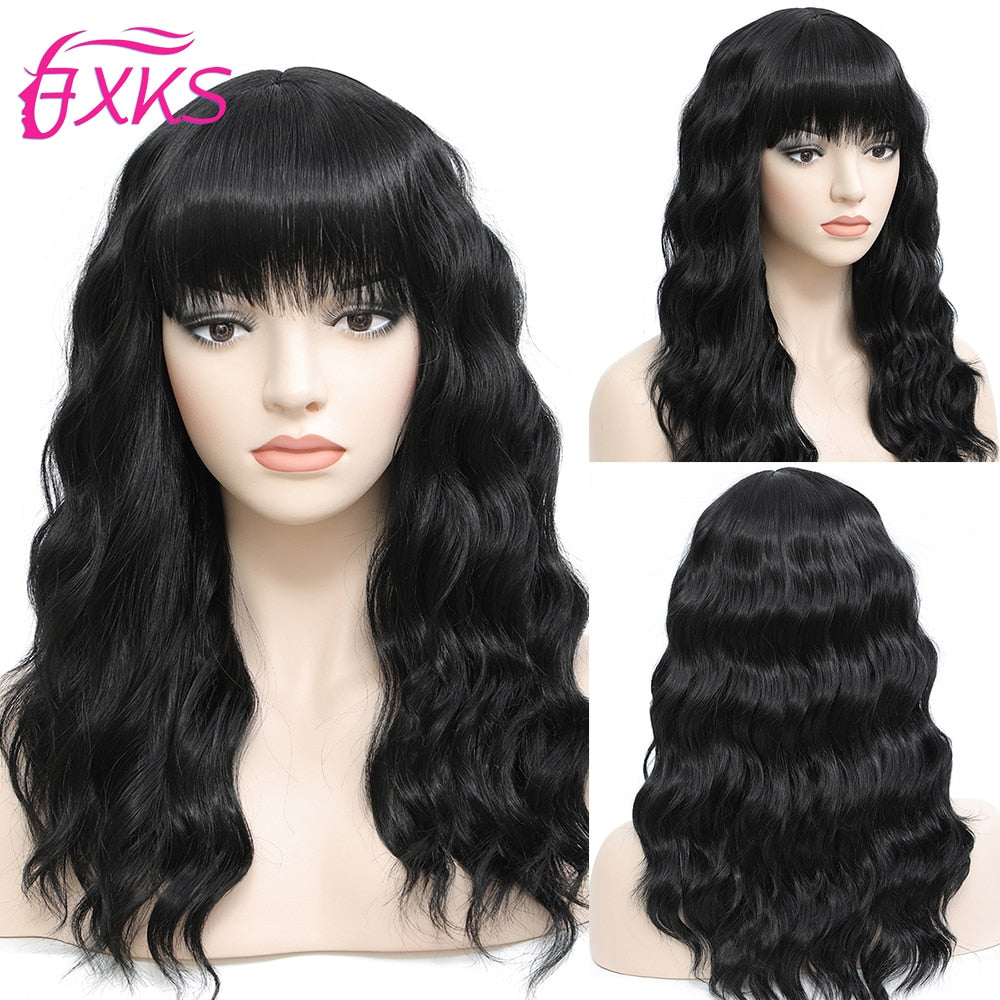 BXOXO Blonde Gold Short Wavy Synthetic Wigs With Bangs Brown Grey Silver Black Color Body Wave Hair Wigs 14Inch 200G For Women FXKS