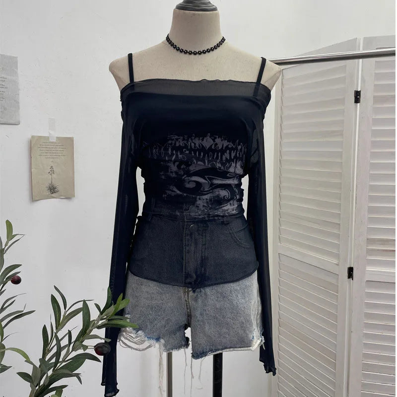 Bxoxo Sexy Slash Neck Mesh Sunscreen T Shirt Y2K Streetwear Print Long Sleeve Patchwork Camis Suit Fashion Folds Slim All Match Tees