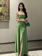 Bxoxo Women's Satin Green Evening Midi Dress Elegant Sleeveless Slit Party Holiday Dresses Slim A-line Wedding Guest Gown Vestidos New