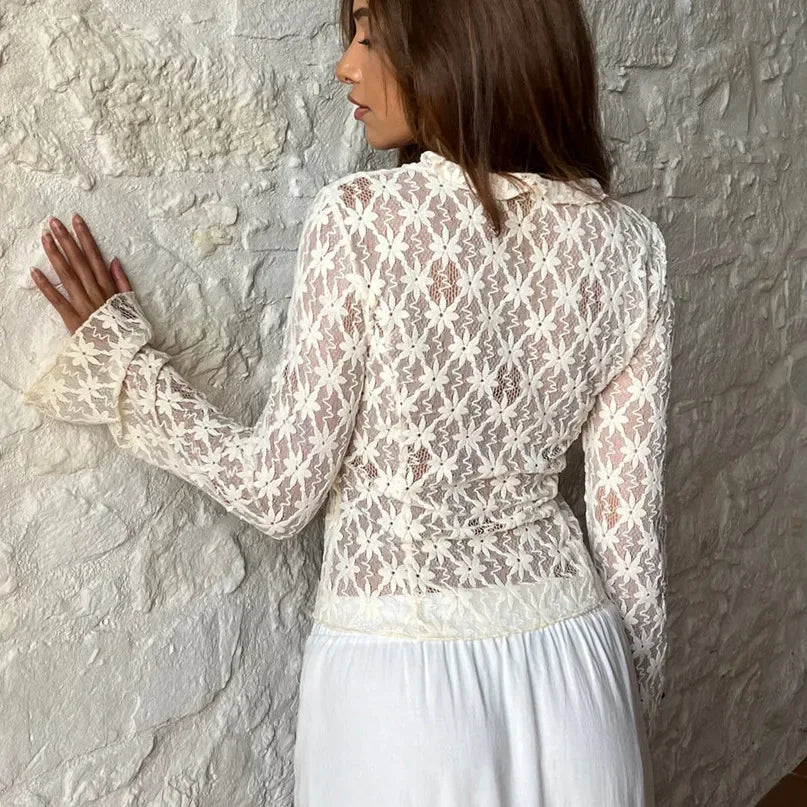 BXOXO Women's Summer Lace Floral Tops Sexy Y2k See Through Flare Long Sleeve Tie Front Sheer Slim Crop Cardigan Clubwear