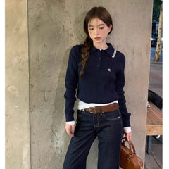 Bxoxo Preppy Style Embroidery Sweaters Women Old Money Style Korean Knitted Pullover Vintage Long Sleeve Gray Polo Jumpers