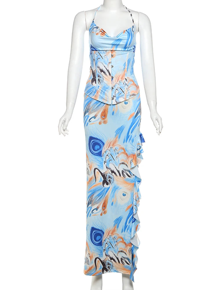 BXOXO Sexy Dress Women Colorful Print Halter Low-Neck Backless Ruffles High Splits Robe Fit Vacation Beach Party Long Bodycon