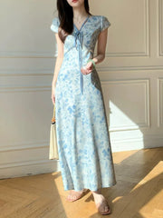 BXOXO Sweet Blue Print Long Dress Women Slim Vintage V Neck Elegant Dress Casual French Retro Lace Up Female Soft Vestidos New