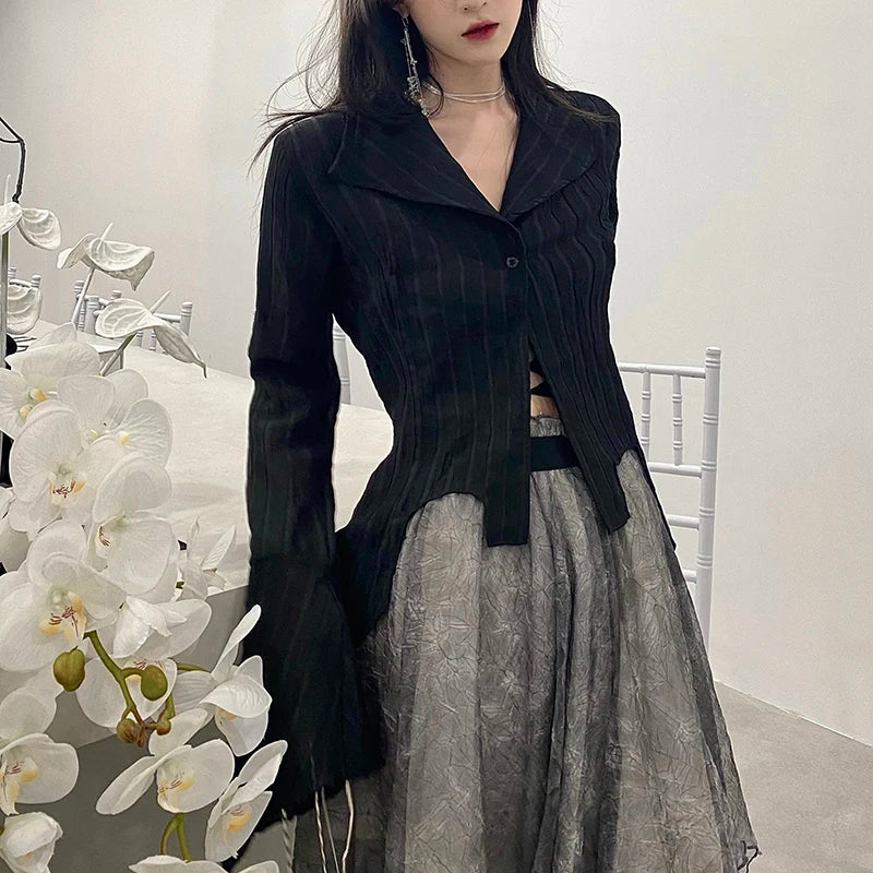 Bxoxo Gothic Women Black Shirts Korean Female Designed Irregular Tops Dark Academic Spring Fashion Streetwear Y2K Blouse New
