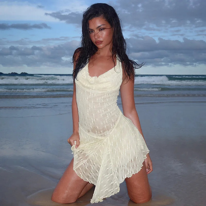 BXOXO Women Mini Dress Lace Cowl Neck Halter Neck Sleeveless Dress Summer Fashion Backless Dress Holiday Beach Sundress