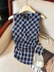 Bxoxo Retro Women Red Plaid Tanks Casual O Neck Slim Korean Vintage Tanks Summer Sleeveless Irregular Female Design Simple Tops