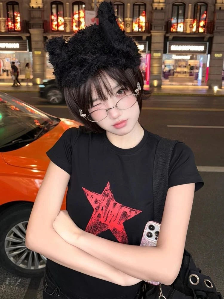 BXOXO Vintage T Shirts Women Short Sleeve Star Printed Slim Sexy Y2k Aesthetic Grunge Summer Fashion Harajuku Tee Shirt Female