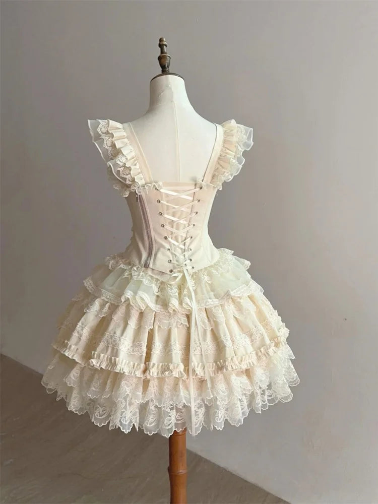 BXOXO Summer Sweet Style Elegant Woman Dress Lolita Y2k Design Lace Splice Bow Dress Fashion Bandage Retro Female Princess Party Dress