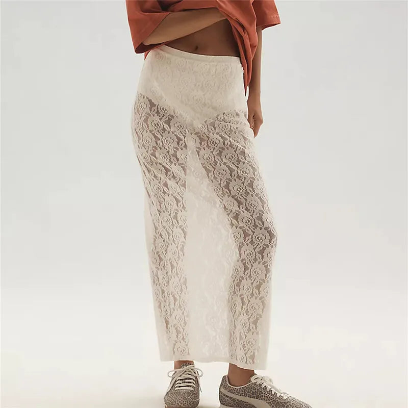 BXOXO Women Flower Sheer Lace Skirt Elastic Waist See Through Beach Cover Up Long Skirt Summer Holiday Party Streetwear