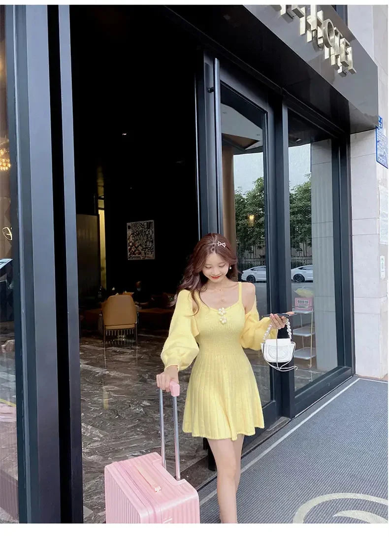 Bxoxo  Korean Autumn Winter Sweet Knitted Two Piece Dress Set Women Strap +Casual Coat Dress Set Style Solid Dress Suit