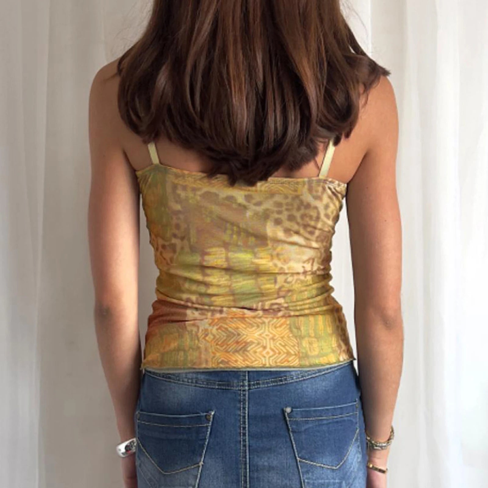 BXOXO Y2K Vintage Women's Sleeveless Cami Tops Spaghetti Strap Abstract Print Ribbon Tie-up Front Camisole Tank Tops Summer Clothes