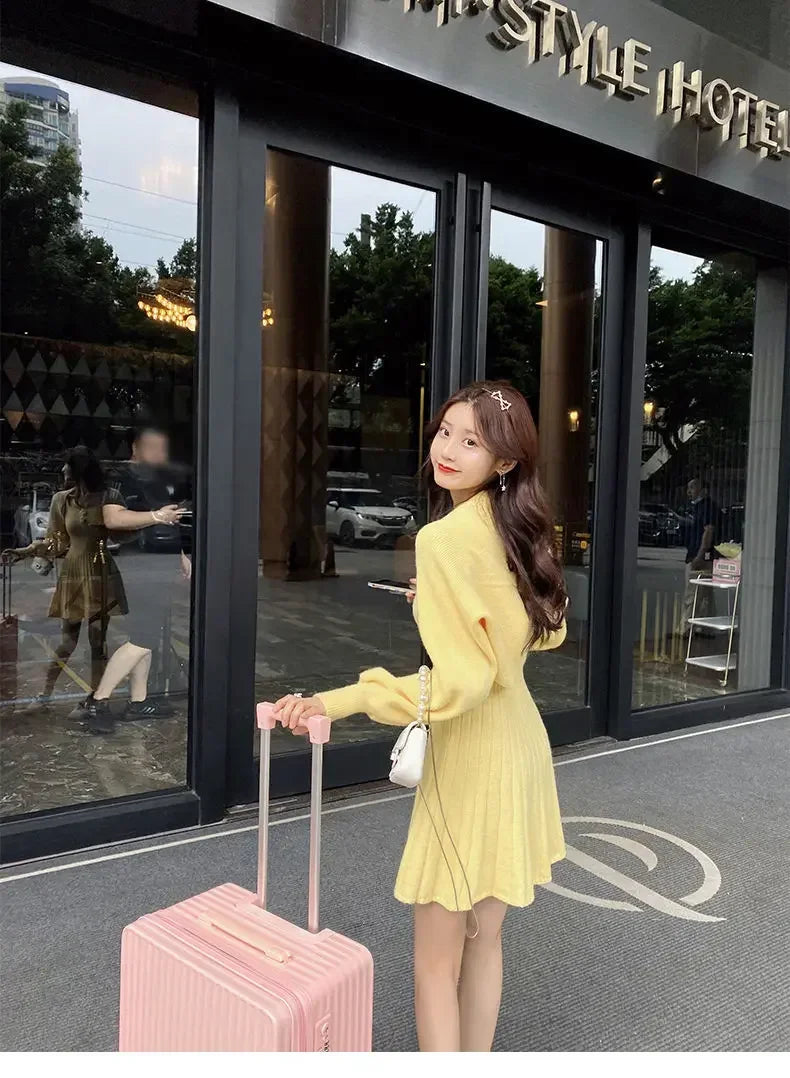 Bxoxo  Korean Autumn Winter Sweet Knitted Two Piece Dress Set Women Strap +Casual Coat Dress Set Style Solid Dress Suit