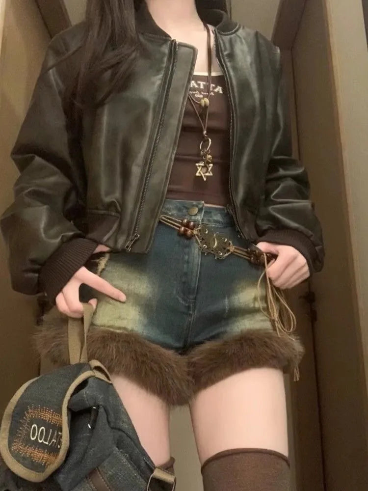 BXOXO American Vintage Loose Blue Denim Shorts 2025 Autumn New High Waist Jeans Y2k Grunge Straight A-line Fluffy  Women
