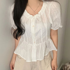 Bxoxo Chic Summer New Sweet Design Sense Bow Tie Flower Embroidery Bubble Sve Top Women's irt Fre Sle round Ne ort Sve
