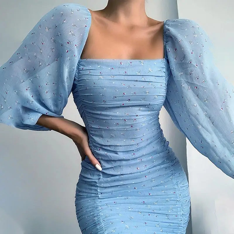 BXOXO Women Fashion Dresses French Square Neck Puff Sleeve Pleated Tight Chiffon Print Mini Dress