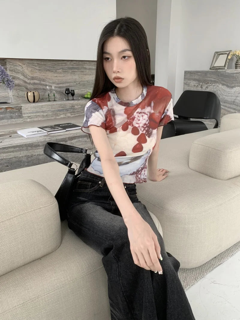 BXOXO Chic See Through Mesh Tops Short Sleeve Crop Top T Shirt Print Cake Graphic Tees Women Clothes Korean Style E Girl Y2k