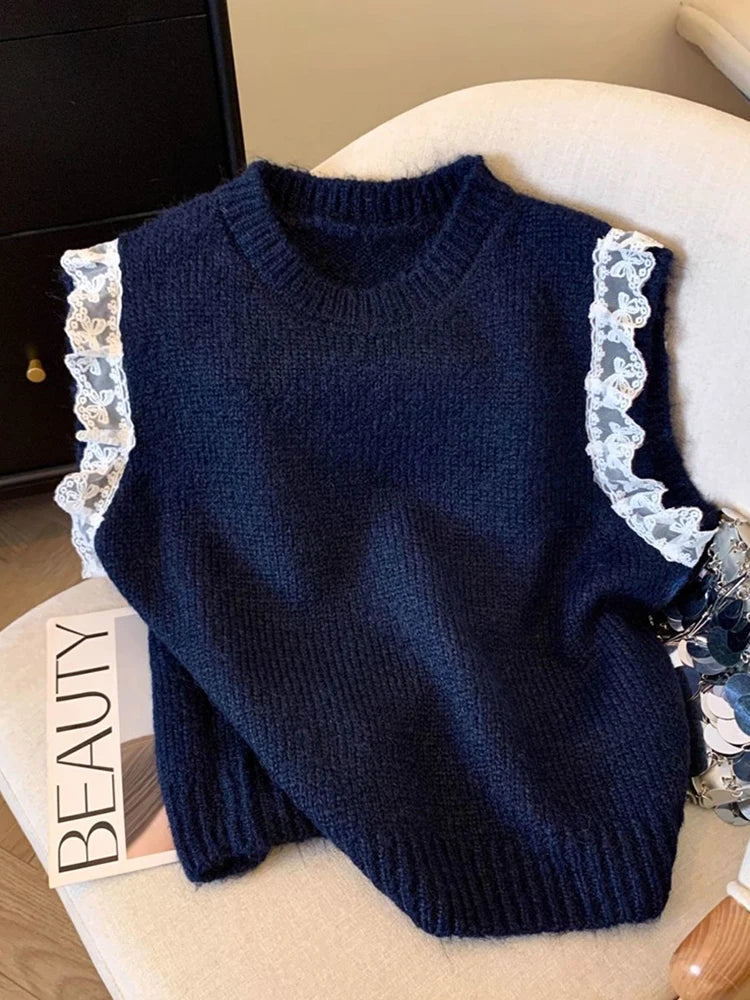 Bxoxo Lace Patchwork Sweet Sweater Vest Women Vintage O Neck Casual Knitted Tops Korean Preppy Style Lady Lazy Wing Cute Vest New