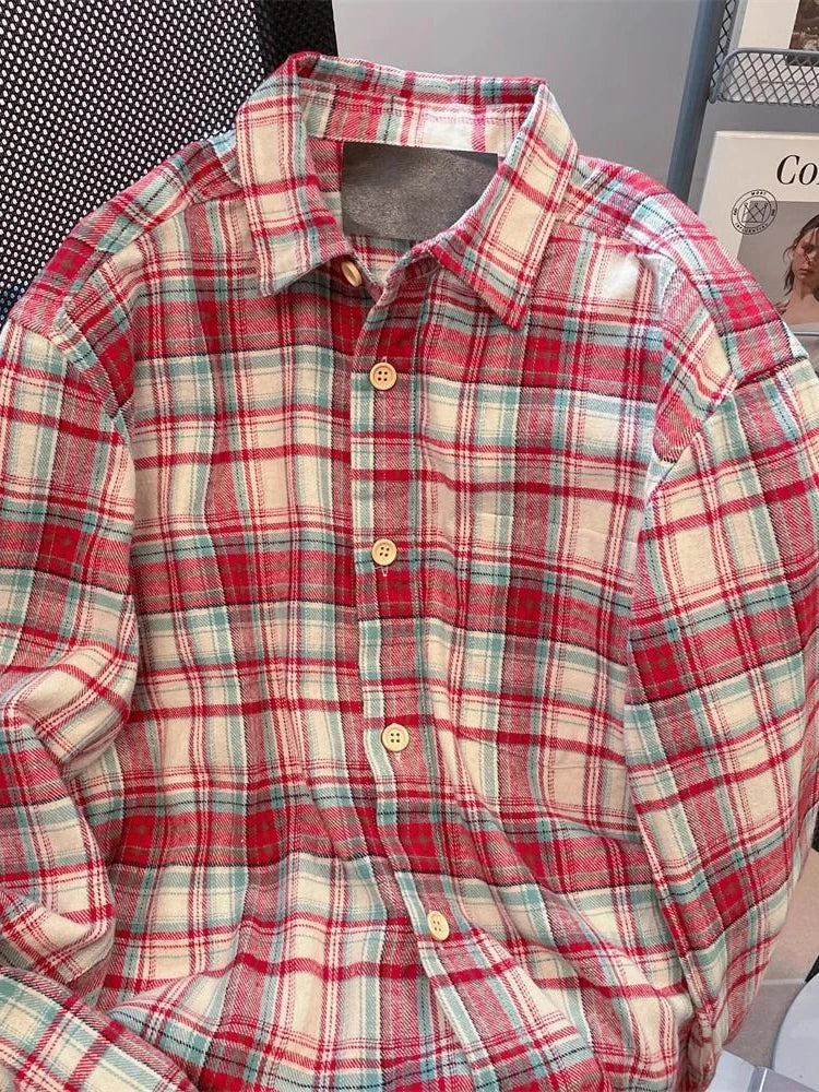 Bxoxo Red Plaid American Shirt Women Oversize Loose Vintage Long Sleeve Fall Blouse Streetwear Harajuku Retro Casual Bf All Match Tops