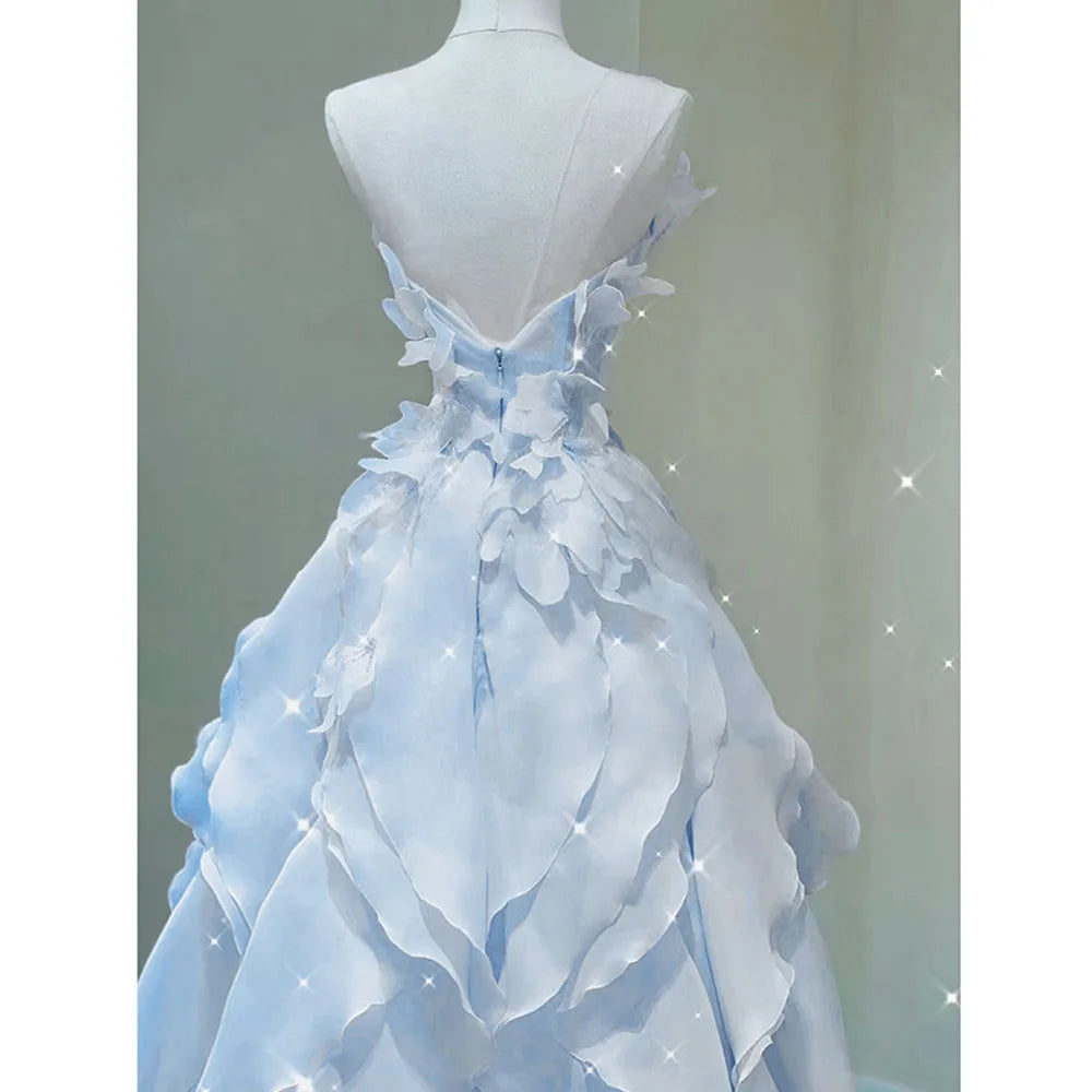 BXOXO Blue Evening Dress Women Luxury Elegant Ruffles Fairy Birthday Prom Gown Exquisite Sleeveless Bride Banquet High-end Host Dress