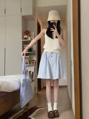 BXOXO Striped Skirts Women High Waist Summer 2025 New Fashion Sweet Button Preppy Style A Line Skirt Female Elegant Casual