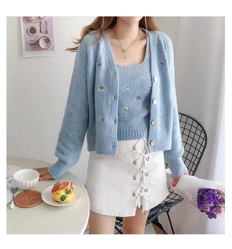 Bxoxo Two-piece Top Suit Flower Embroidered Knitted Korean Style Cardigan Autumn Fashion Sling Sweater Slim Sweet Jacket Sets