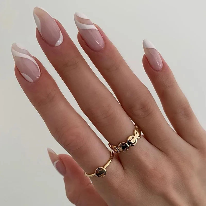Bxoxo 24P French Oval False Nails Girls White Edge Design Nude Color Wearable Press on Nail Full Cover Short Acrylic Almond Fake Nails