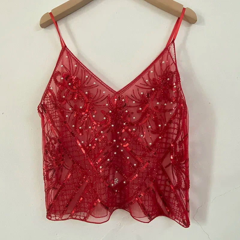 BXOXO Bling Sequined Tanks Tops Women Sexy Beaded Work Mesh Tops Chic Women Sparkly Cami Vest Femme Summer Streetwear