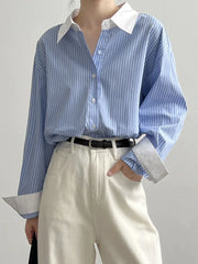 Bxoxo  Spring New Blouse Blue and White Striped Contrasting Design Shirts Women Korean Fashion Loose Versatile Mid-length Top Wome